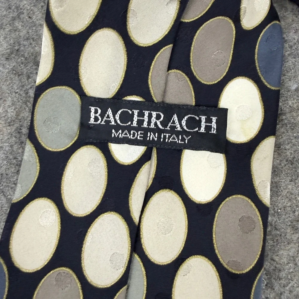 Bachrach Mens Silk Tie Made in Italy Geometric Oval Pattern Black Tan Grey Blue